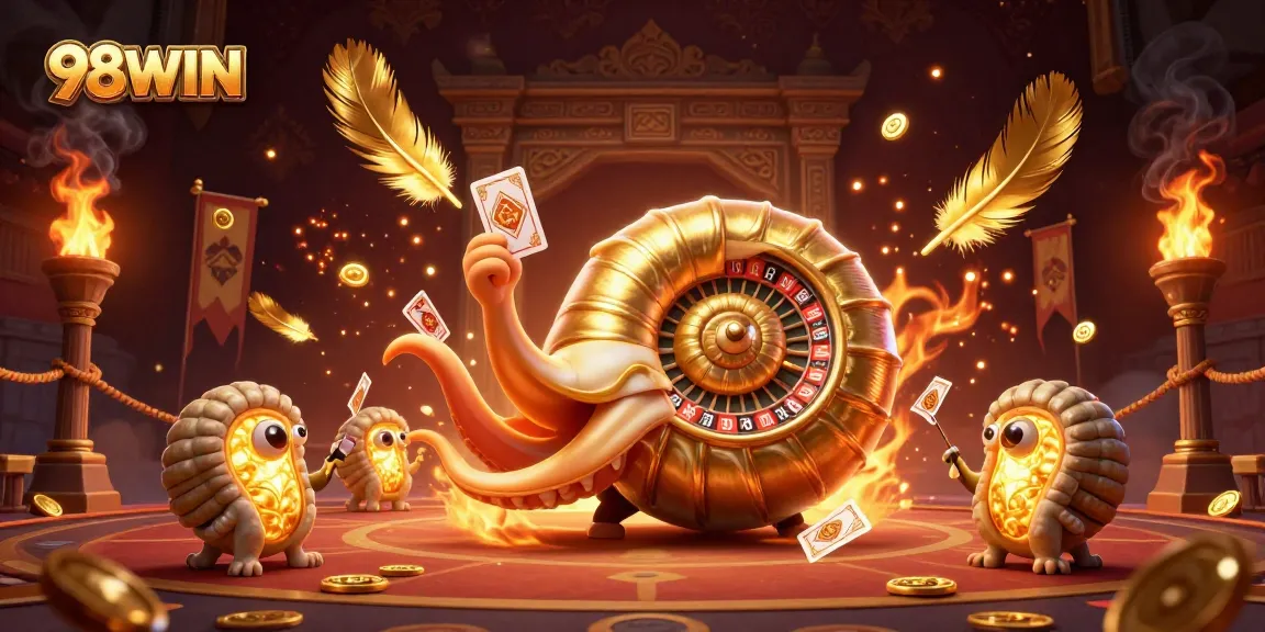 Engage with 98WIN's stunning 3D scene featuring a giant nautilus as a roulette wheel surrounded by dynamic casino elements.