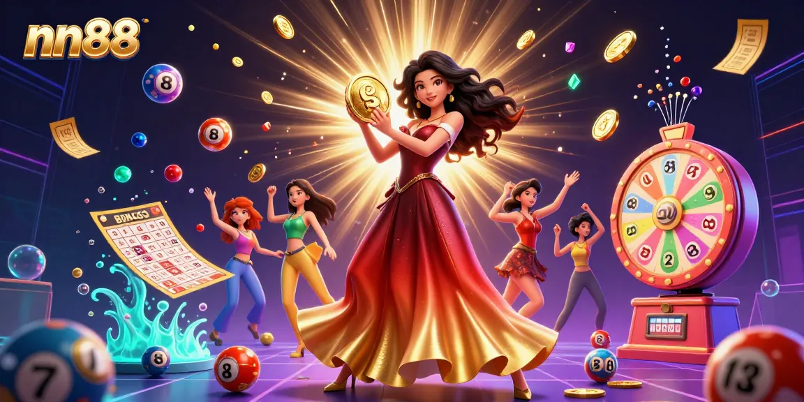 Engage in exciting gameplay with nn88 as the stunning Asian woman celebrates a jackpot surrounded by vibrant casino elements.