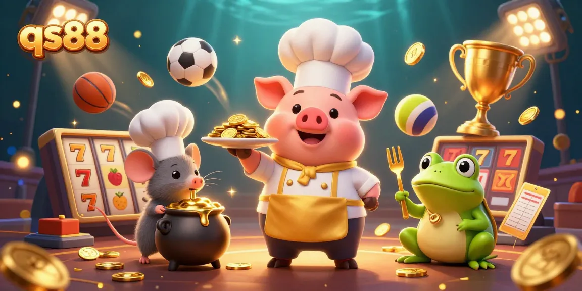 Experience excitement at qs88 with a vibrant, immersive casino scene featuring a chef pig and sports elements.