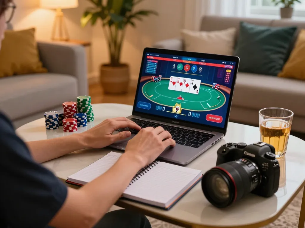 Player engaging with uu8855 online casino gaming on a laptop, showcasing a poker interface in a cozy home setting.