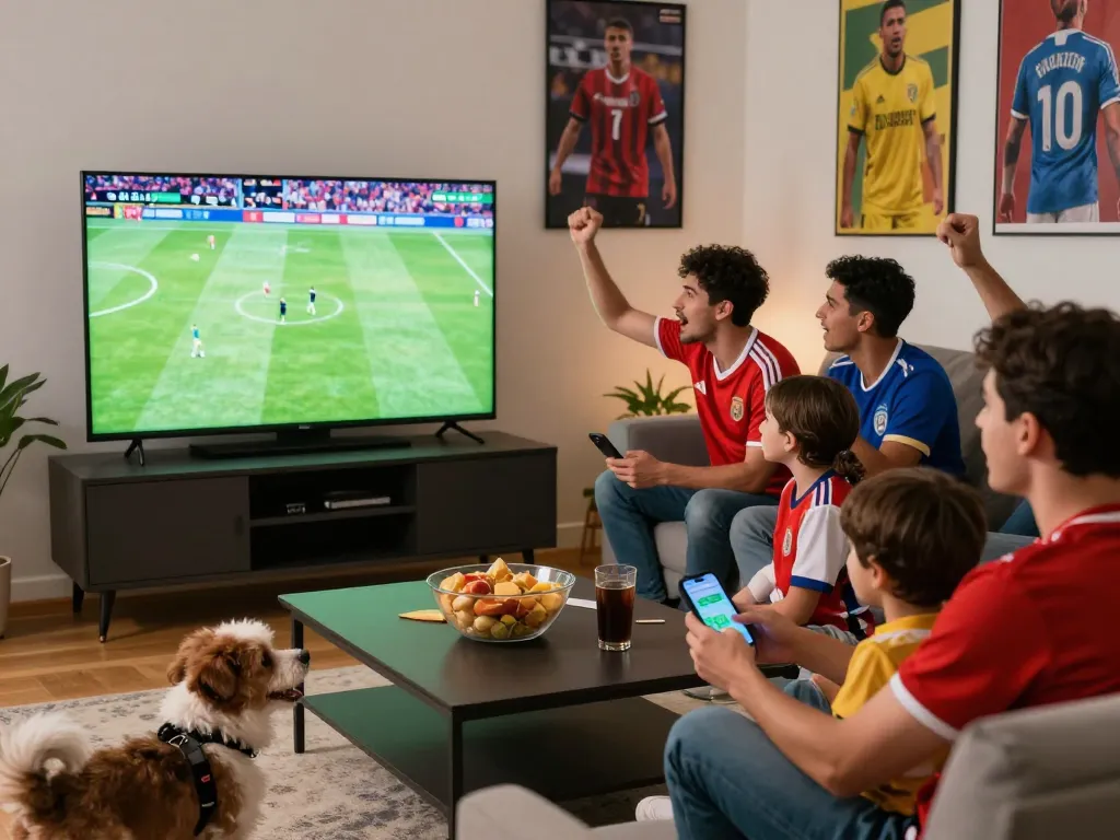 Socolive soccer fans enjoying a live match in a cozy living room setting with snacks and excitement.