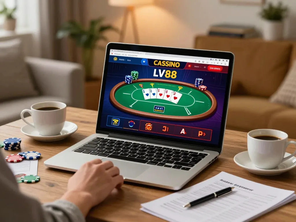 Engaging gameplay on LV88 online casino platform with vibrant poker display and warm home setting.