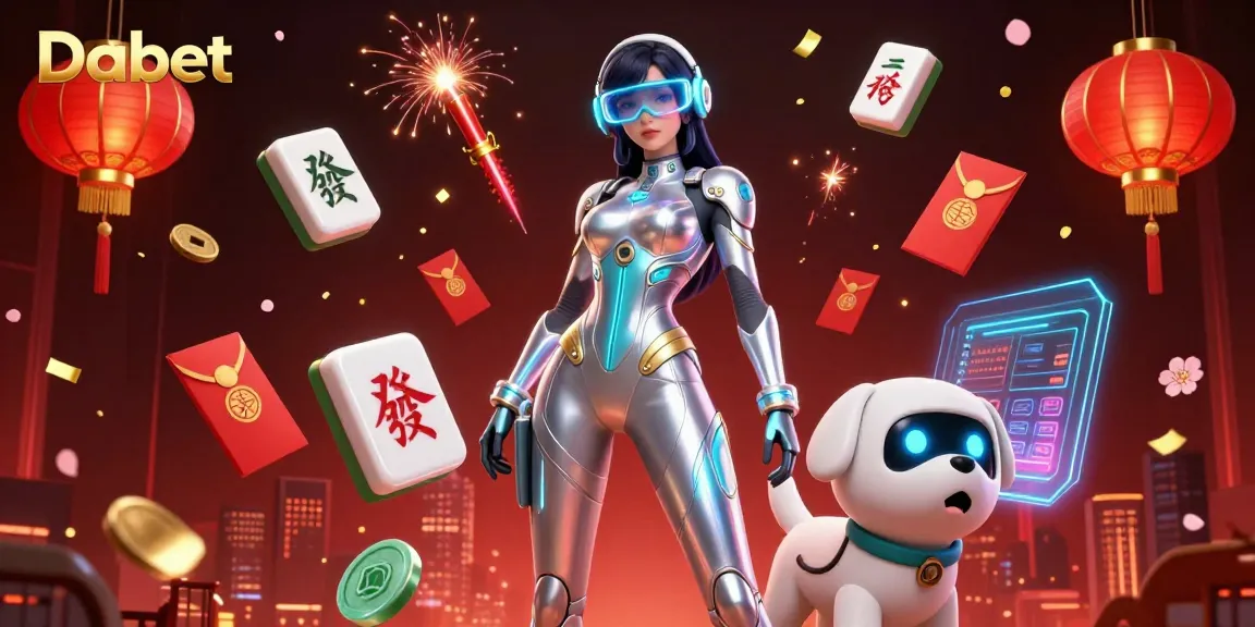 Dabet offers an exciting gaming experience with a futuristic woman and robot dog in a vibrant casino scene.