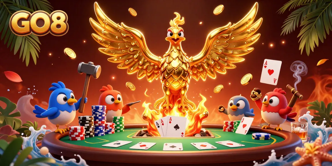 Catch golden coins falling from the molten GO8 phoenix while playing poker in a vibrant 3D casino scene.