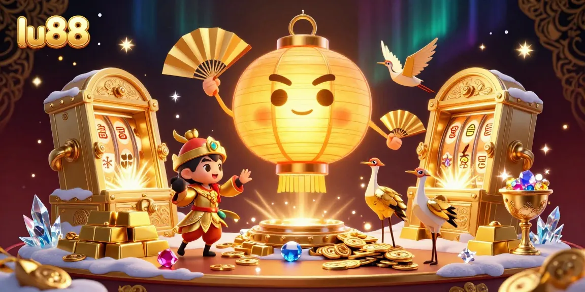 Engage in exciting gameplay with lu88’s 3D golden lantern spirit, brimming in a vibrant casino scene.