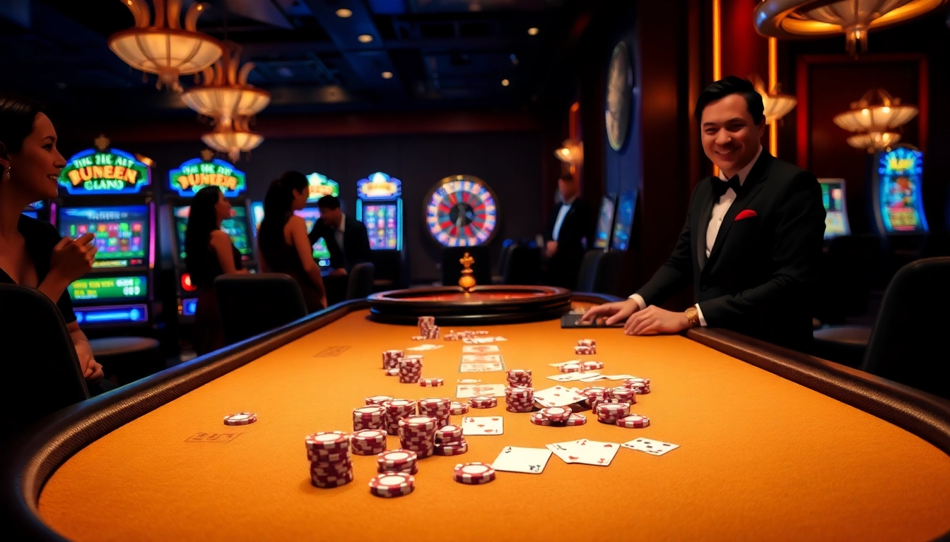 Jun88 casino experience featuring poker chips and vibrant slot machines amidst an exciting gaming atmosphere.