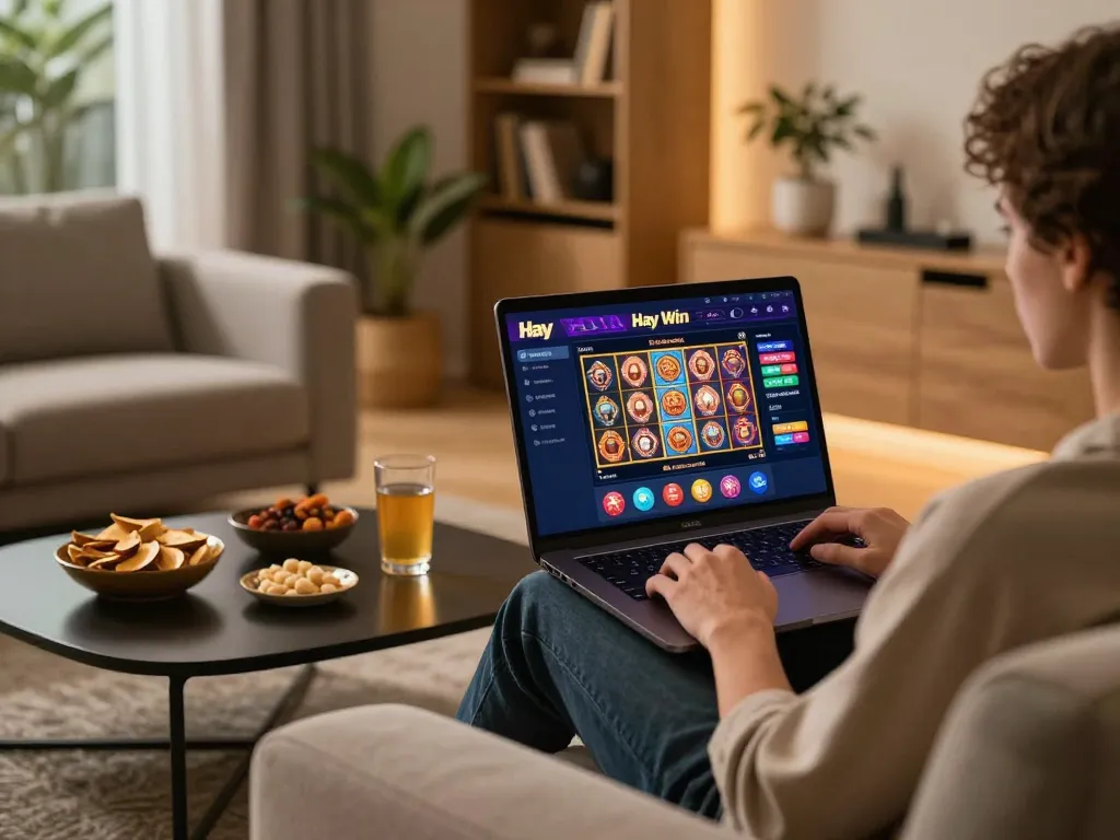 Engaging with the Hay Win casino app on a laptop in a cozy home setting