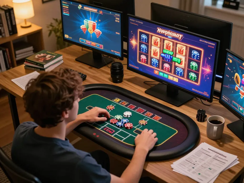 kp88 players engaging with exciting online casino games at home, focusing on strategy and winnings
