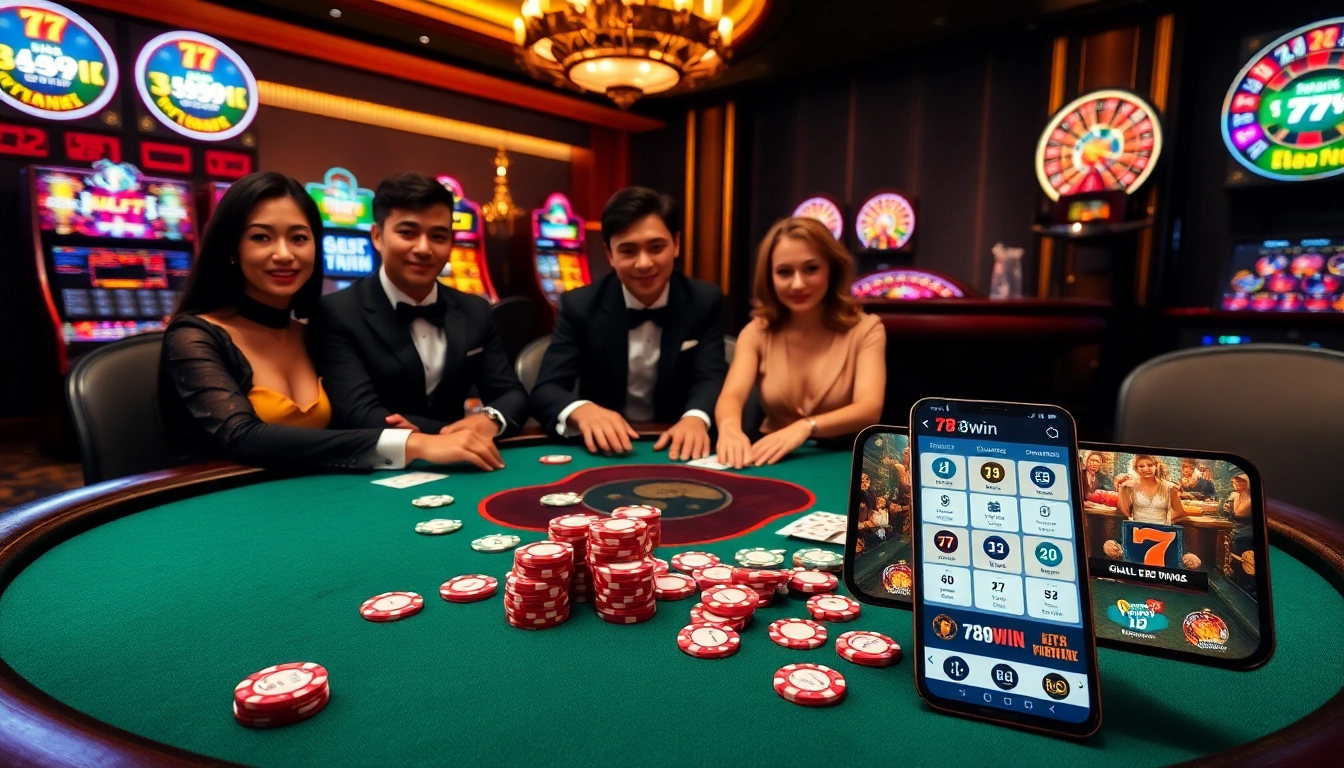 Play your winning hand at 78win's luxurious poker table amidst vibrant casino action.