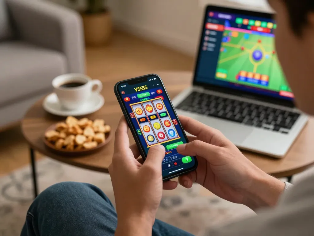 Engaging gameplay on the VS555 Bangladesh app with colorful virtual slots and a cozy atmosphere