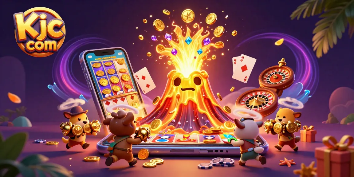 Experience the thrill of Kjc com with a golden volcano erupting coins and exciting casino elements.