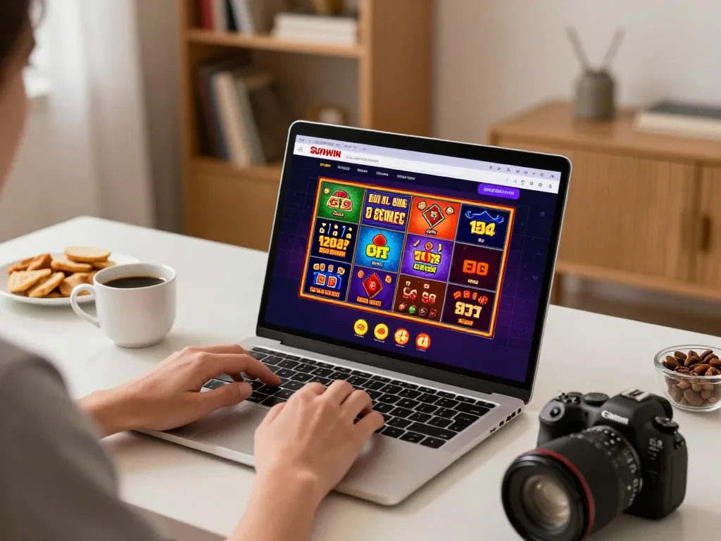 Engaging with Sunwin's online casino gaming interface in a cozy home setup