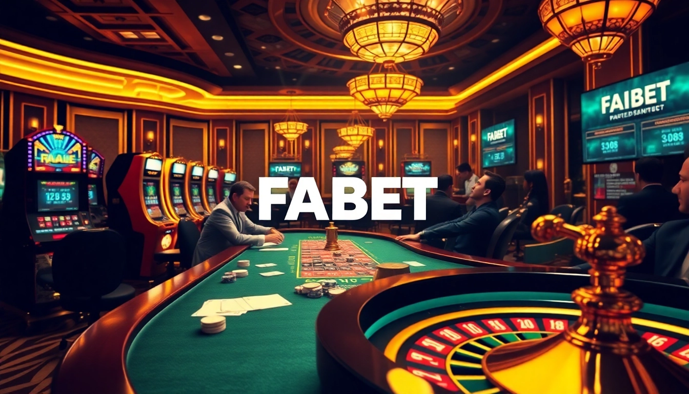 Experience thrilling gameplay at FABET's dynamic casino environment with poker tables and vibrant slot machines.