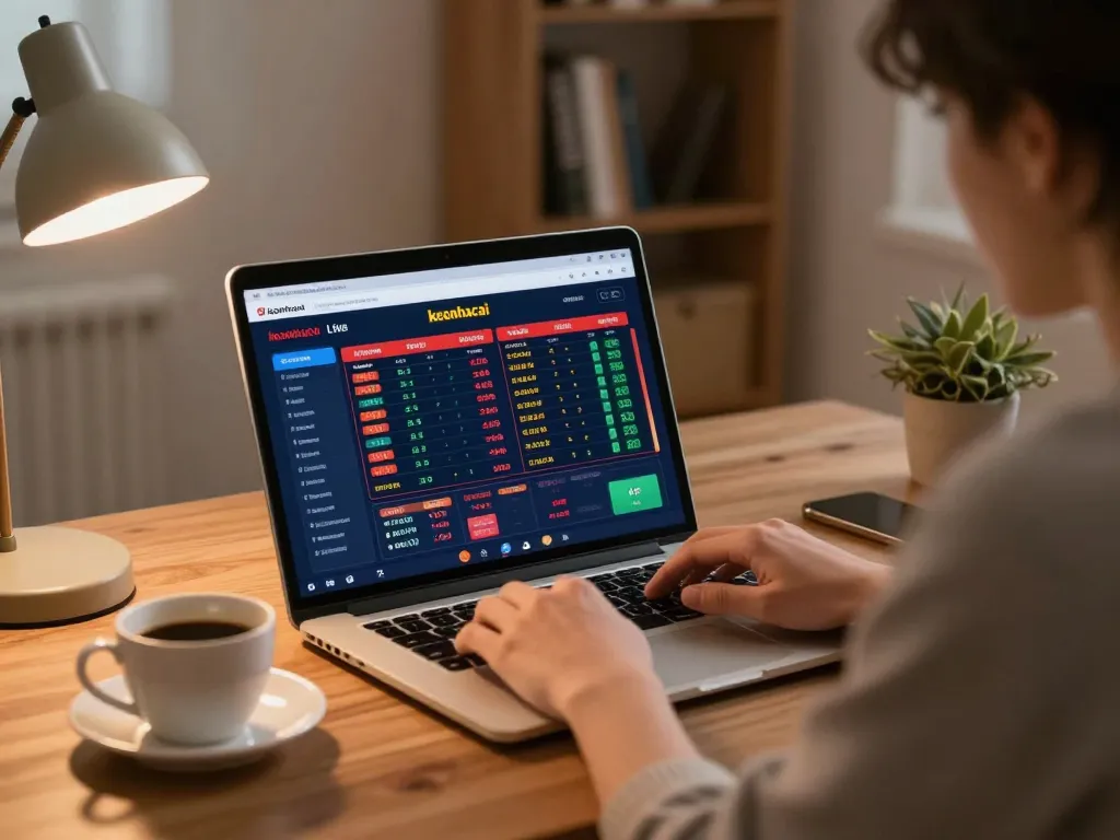 Engaged player reviewing keonhacai betting odds on laptop in a cozy home office setting