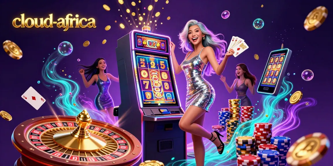 Cloud-Africa's vibrant casino illustration showcasing a celebratory Asian woman among cascading coins and dynamic game elements.