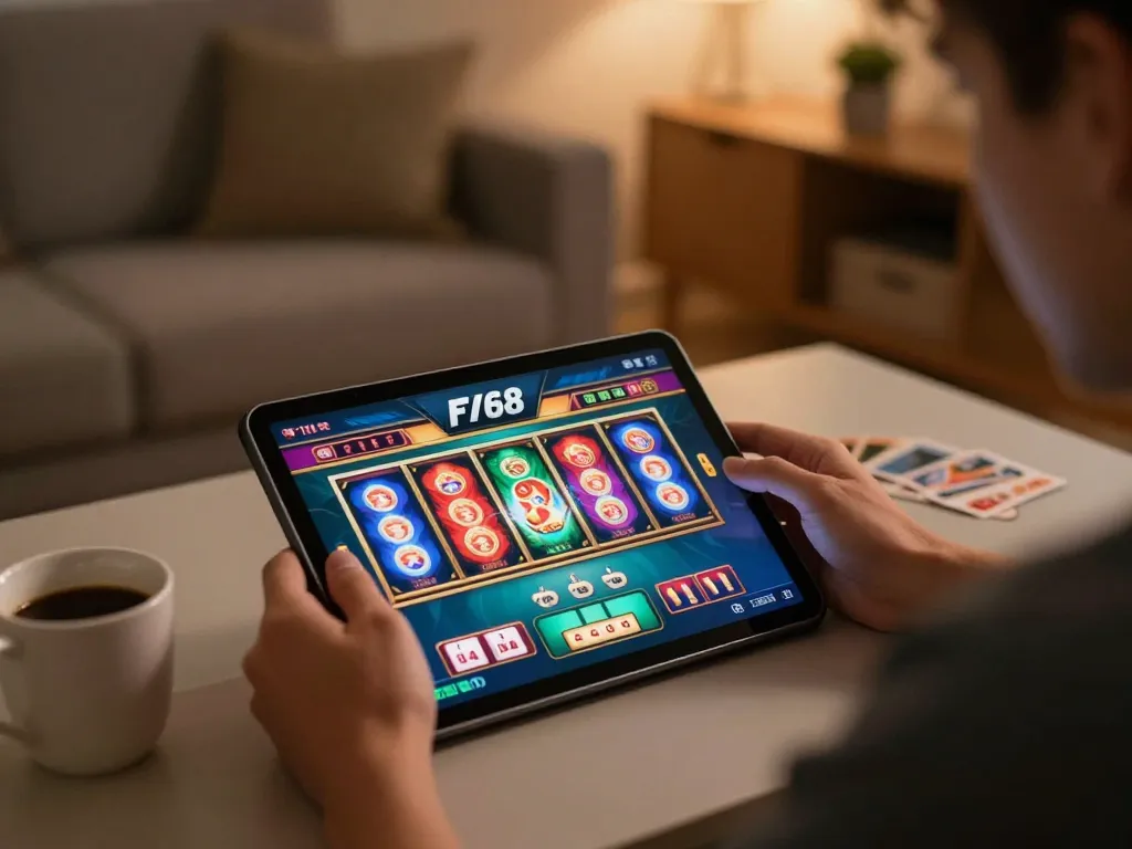 Engaging player using F168 app on tablet for online casino gameplay in cozy home