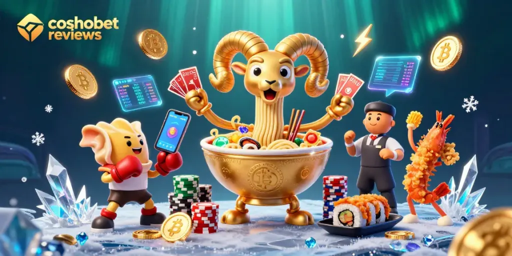 Engaging cosmobet reviews scene with lively 3D casino characters and playful crypto elements.