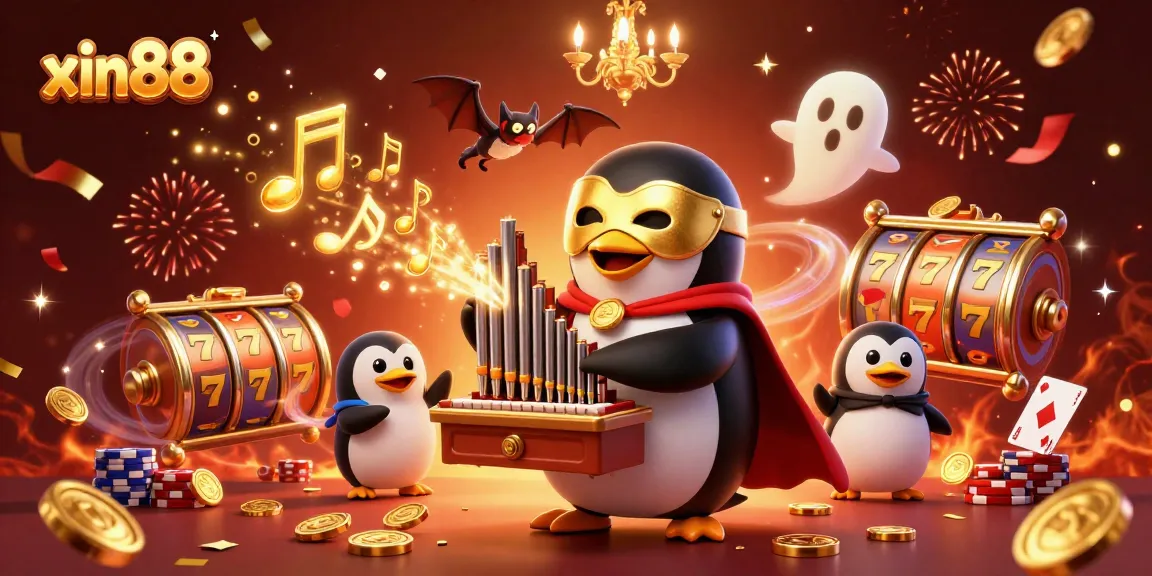 Experience the thrill of xin88 with a dynamic casino scene featuring a penguin, golden coins, and slot reels.
