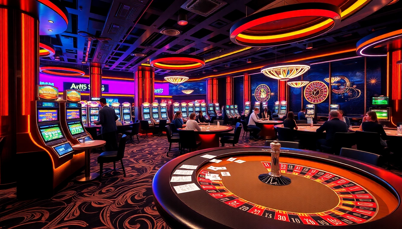Win79 casino players engage in thrilling games at vibrant tables and slot machines.