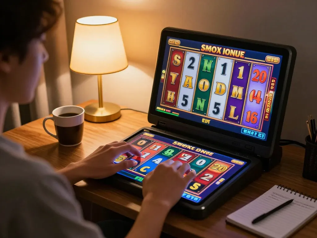 Engaging gameplay of Slot Malaysia on a tablet with vibrant slot graphics in a cozy home setting.