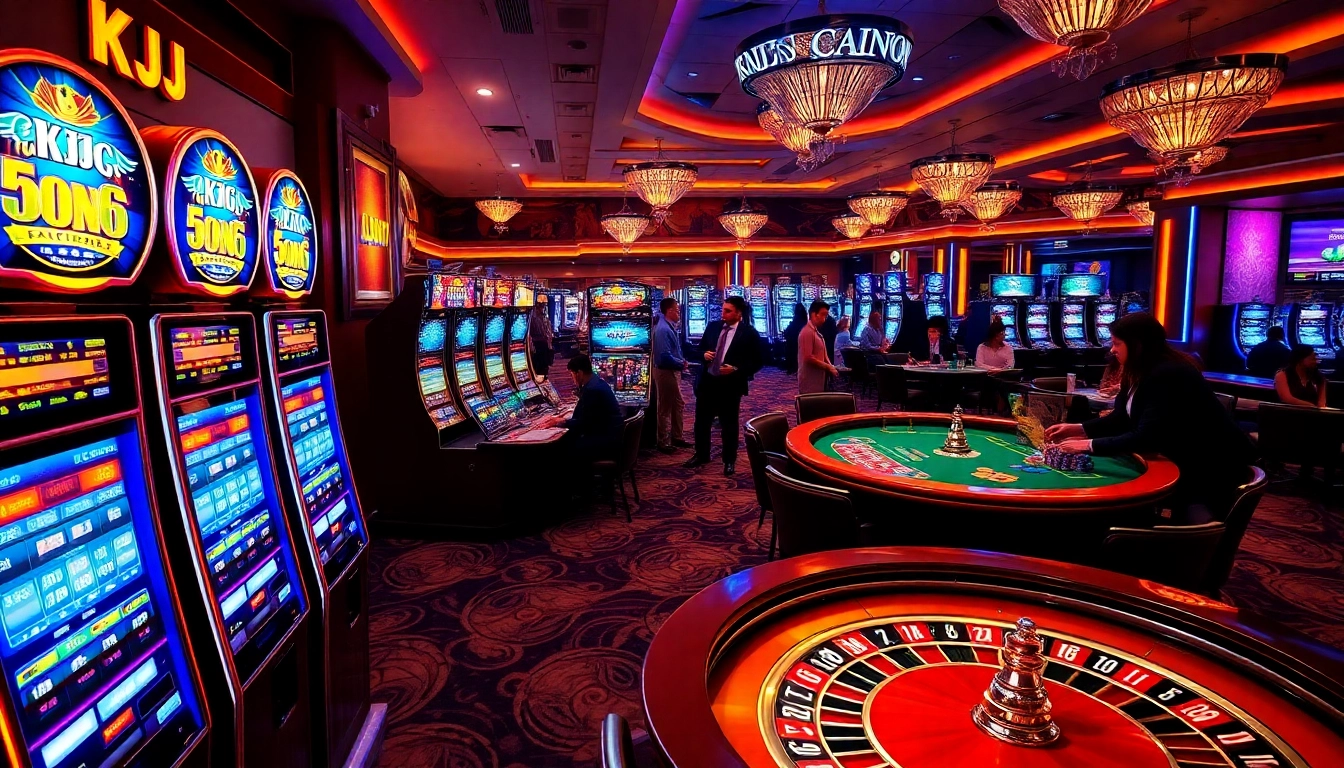 KJC branding shines as players engage at a vibrant casino table with colorful slot machines.
