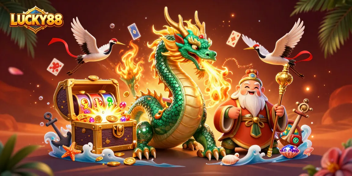 Spin and win with LUCKY88 as a majestic jade dragon ignites the scene with vibrant slot elements.