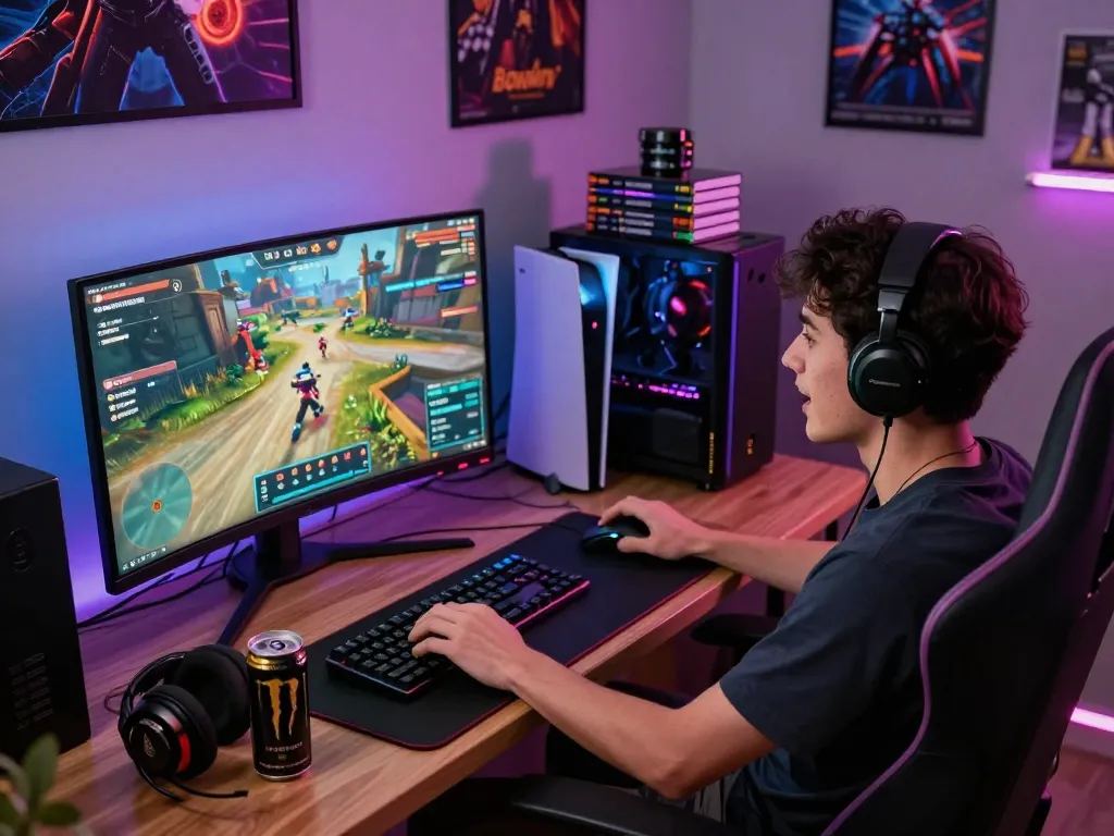 Engaged gamer on Bomwin platform, showcasing vibrant gaming gear and dynamic environment.