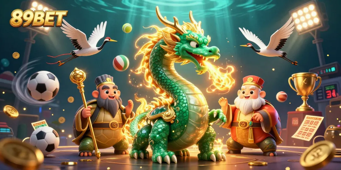 Join the excitement of 89BET with a vivid casino scene featuring a jade dragon and dynamic sports elements.