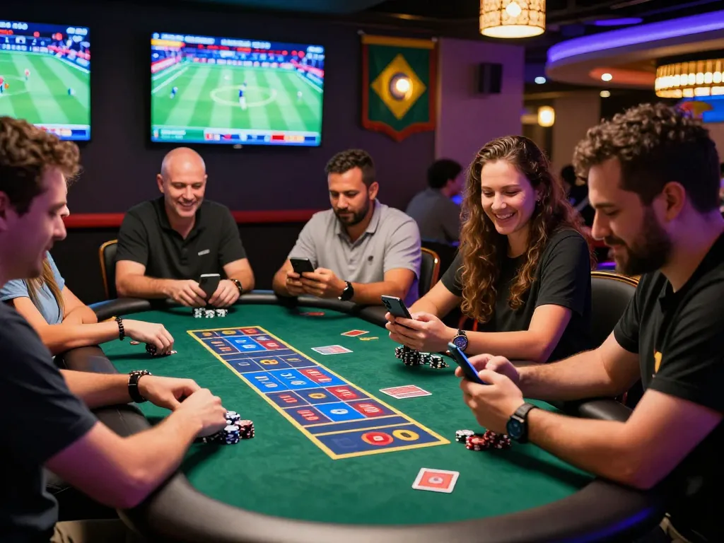 Exciting gaming atmosphere at QE8.BEER with diverse players engaged in online betting.