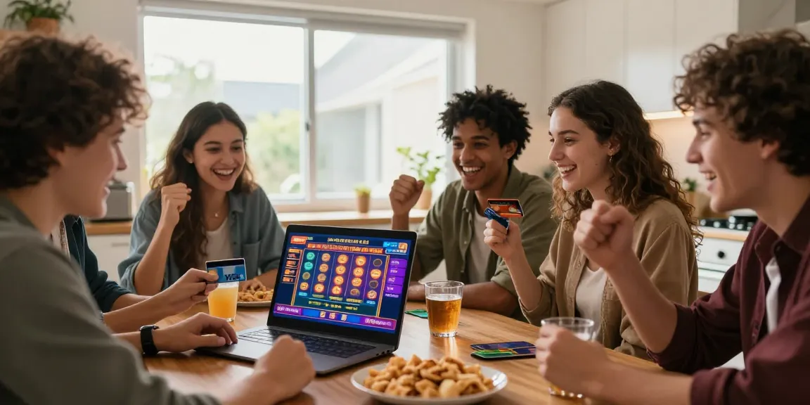Friends enjoying playing at credit card casinos at https://eatm.org.uk, celebrating wins with games and snacks.