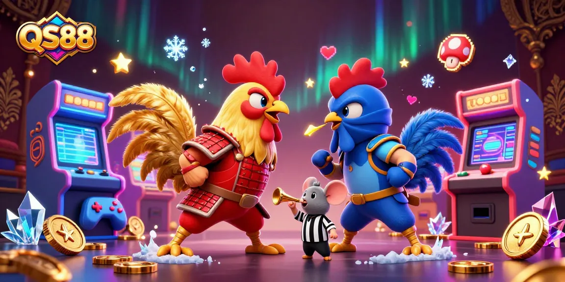 Engage in thrilling QS88 matches with dramatic fighting rooster cartoon characters and colorful casino elements.