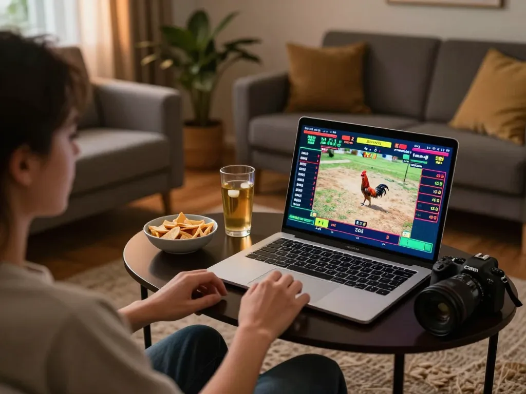Wagering on live cockfights at WALA88 in a cozy home setting with dynamic game visuals.