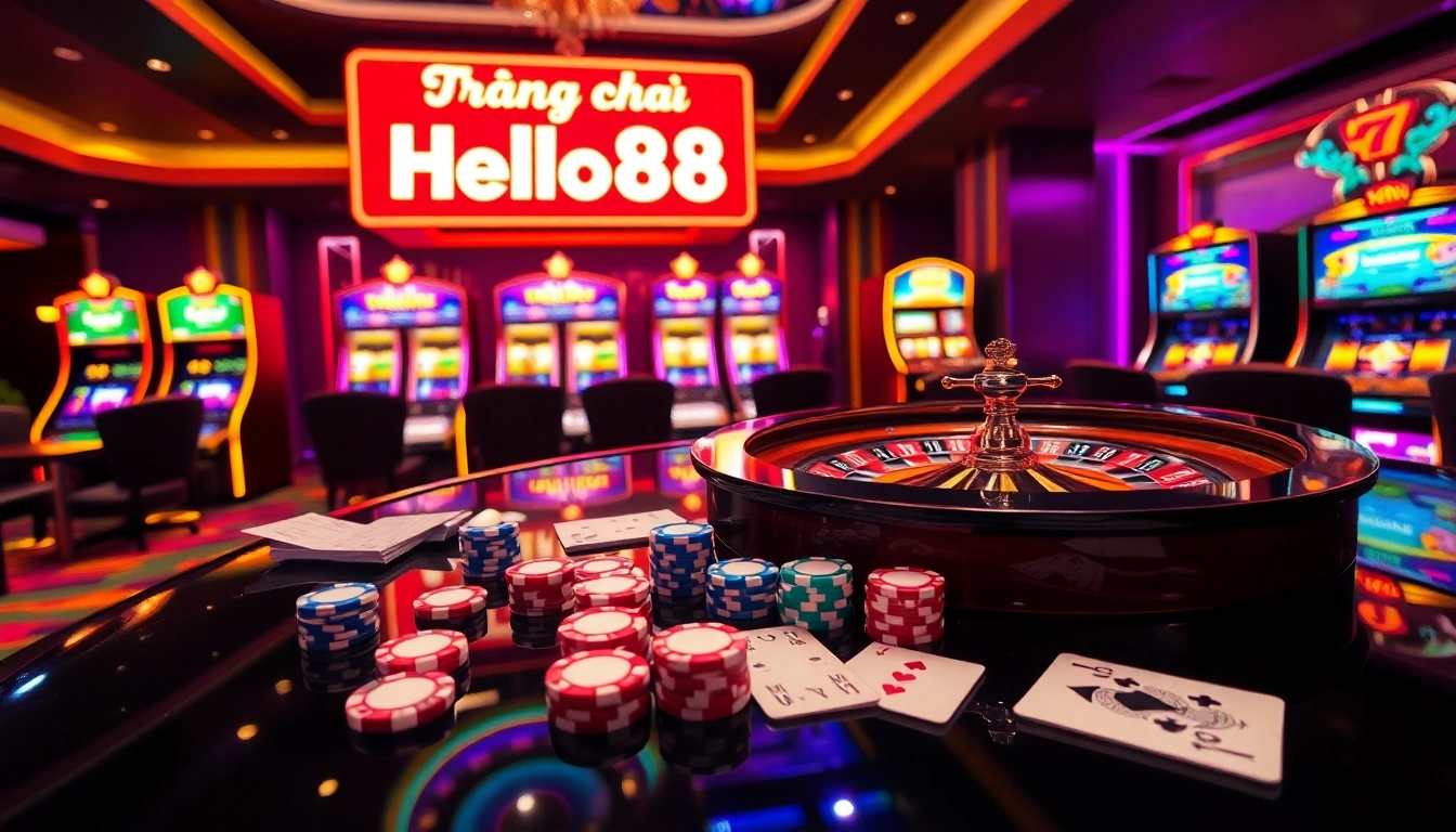Experience the thrill of winning at Trang chủ Hello88 with vibrant poker chips and a roulette wheel.