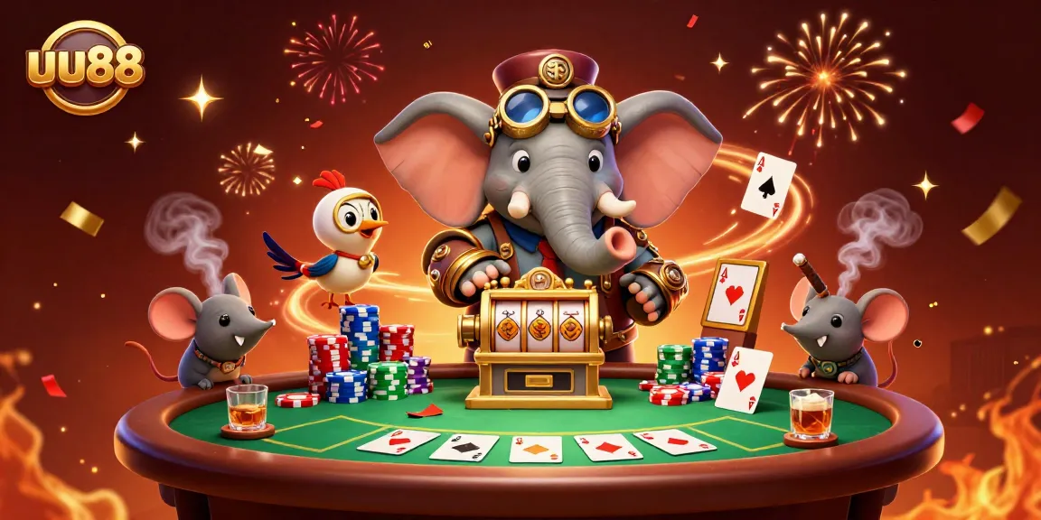 Experience the excitement of uu88 with a steampunk elephant at a slot machine amidst a vibrant casino scene.