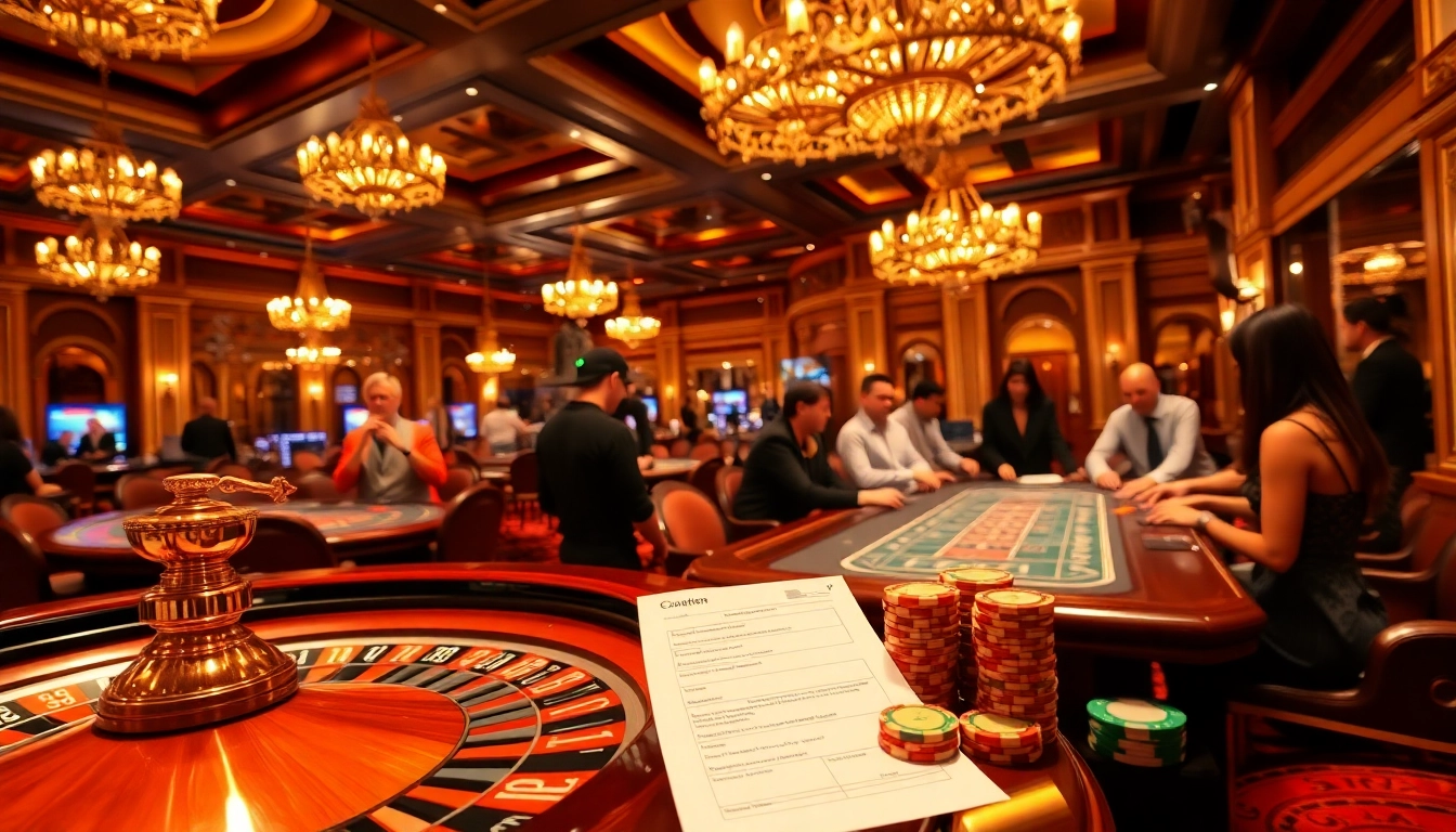 Exciting kèo nhà cái betting scene with engaged gamblers at a roulette wheel and blackjack table.
