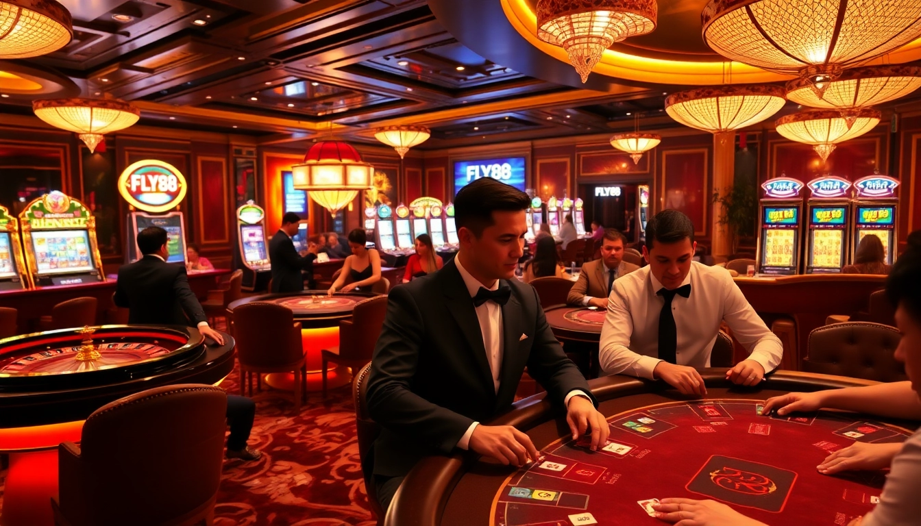 FLY88 casino players celebrating wins at luxurious gaming tables with poker chips and roulette wheel.