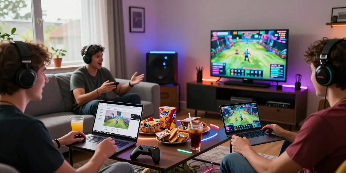 Friends enjoying the AU88 gaming platform in a lively living room filled with snacks and gaming devices, showcasing excitement.