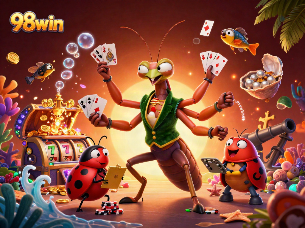 Experience thrilling gameplay with 98win's vibrant casino illustration showcasing action and excitement.