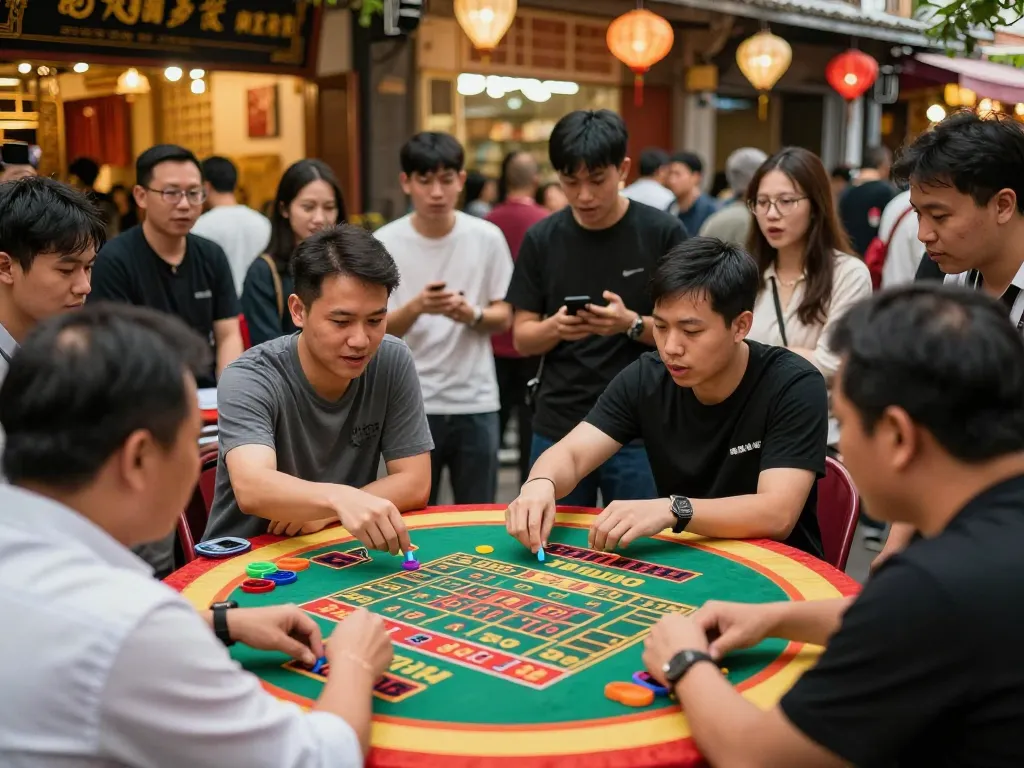 Xóc đĩa players placing bets at a traditional Vietnamese gambling table with lively spectators.