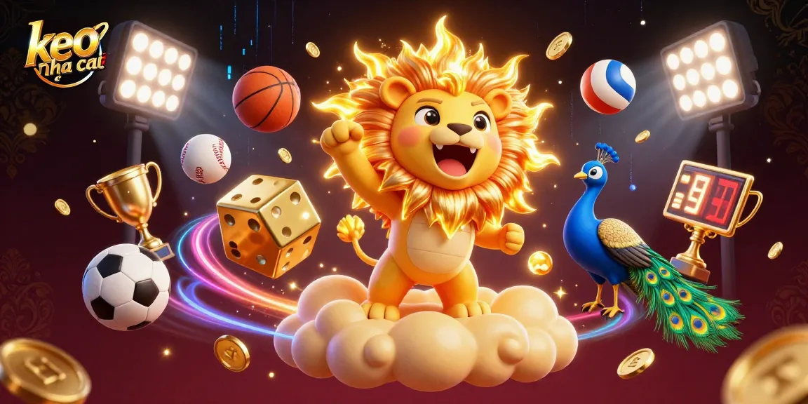 Engage in sports betting excitement with keo nha cai as a lion enjoys winning among golden dice and dynamic sports elements.