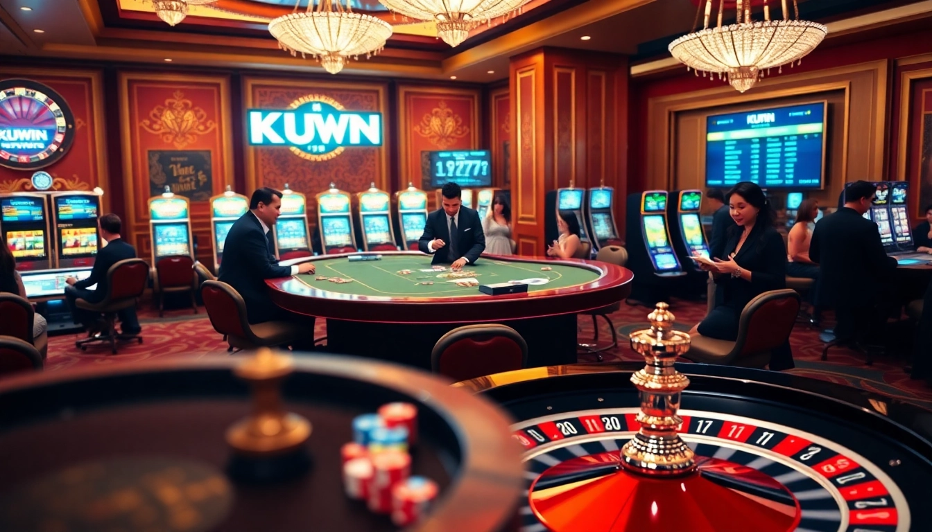 Experience an electrifying KUWIN online casino atmosphere with poker chips and vibrant betting displays.
