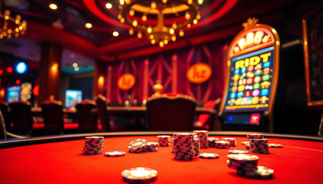 Experience the thrill of RR88 with vibrant casino chip action at a luxurious poker table.