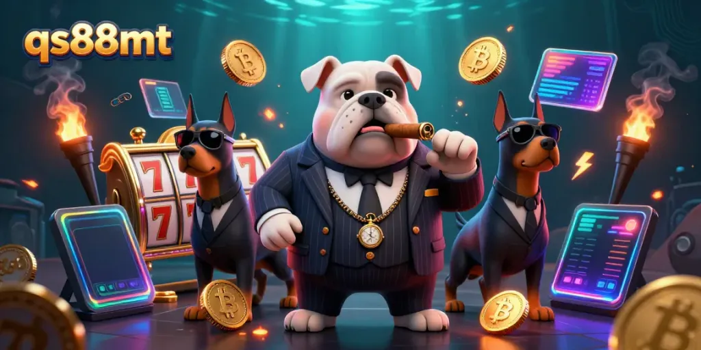 Experience thrilling wins with qs88mt in a vibrant 3D casino scene featuring a mafia bulldog and slot games.