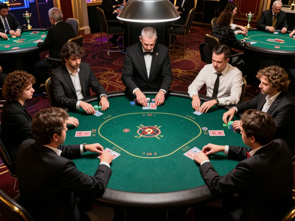 Players strategizing in high-stakes poker game at upscale casino with 90P style ambiance.