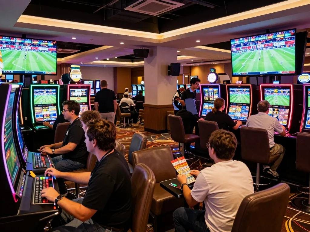 Excited gamblers placing bets in the sports lounge at five88z casino, showcasing vibrant atmosphere.