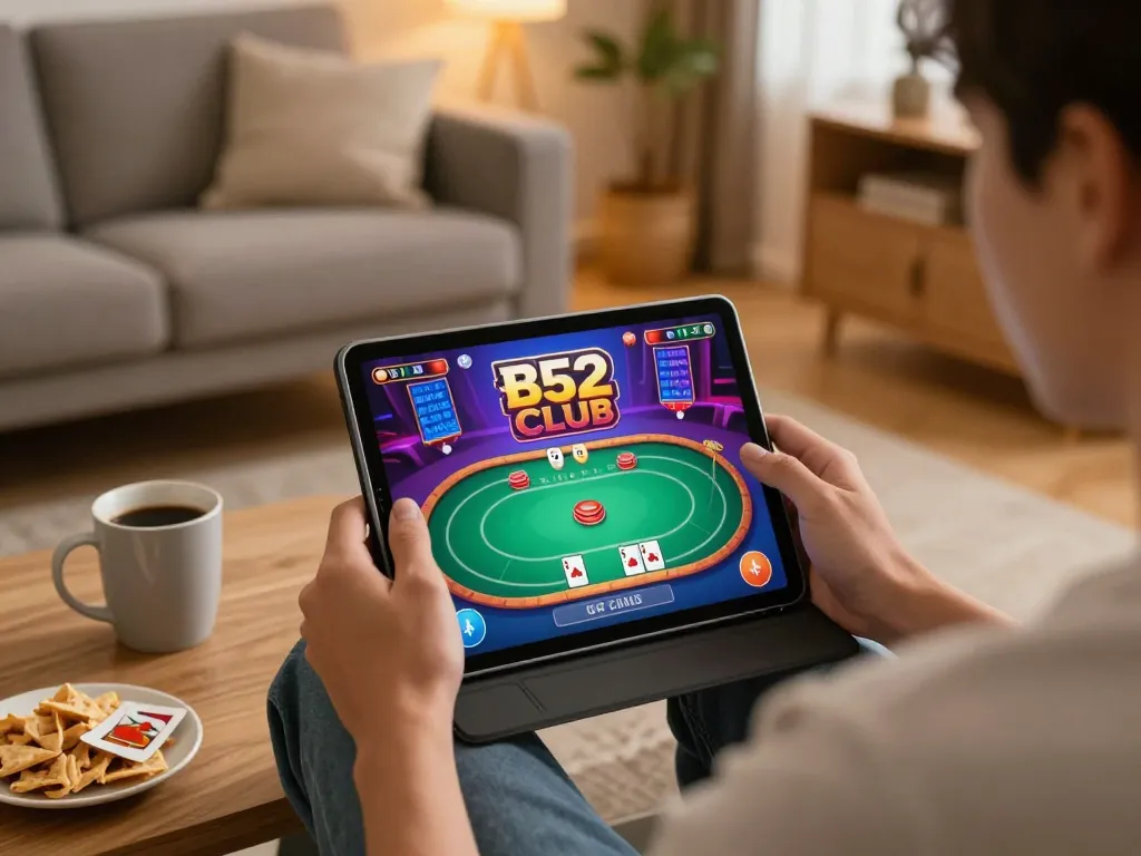 B52club player enjoying a dynamic online poker game on a tablet in a cozy environment.