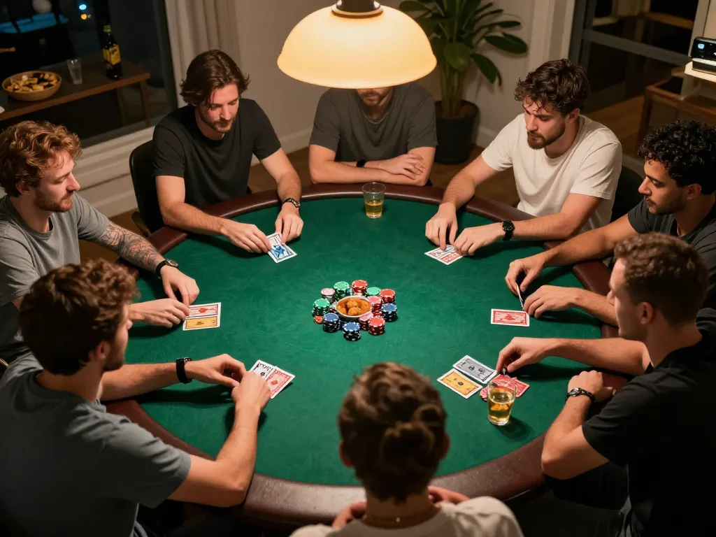 Exciting home poker night showcasing strategic gameplay among friends at a reputable gambling venue, highlighting an engaging atmosphere