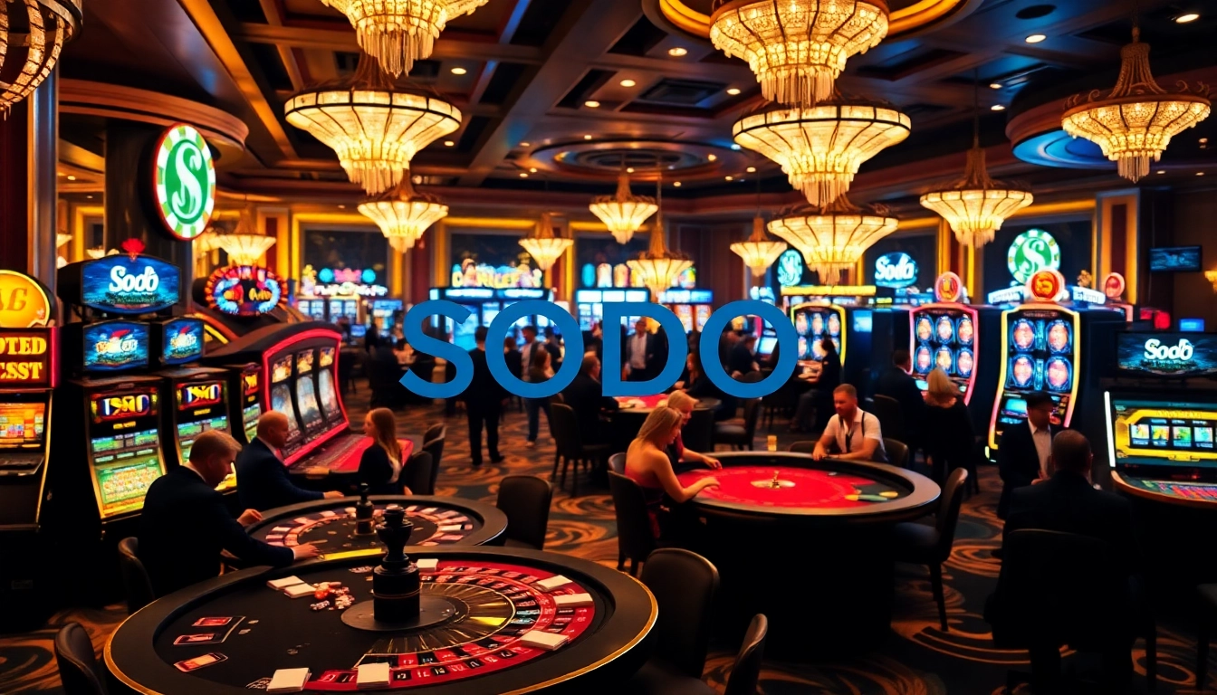 Players enjoying an exhilarating game at SODO Casino, surrounded by vibrant slot machines and luxurious decor.