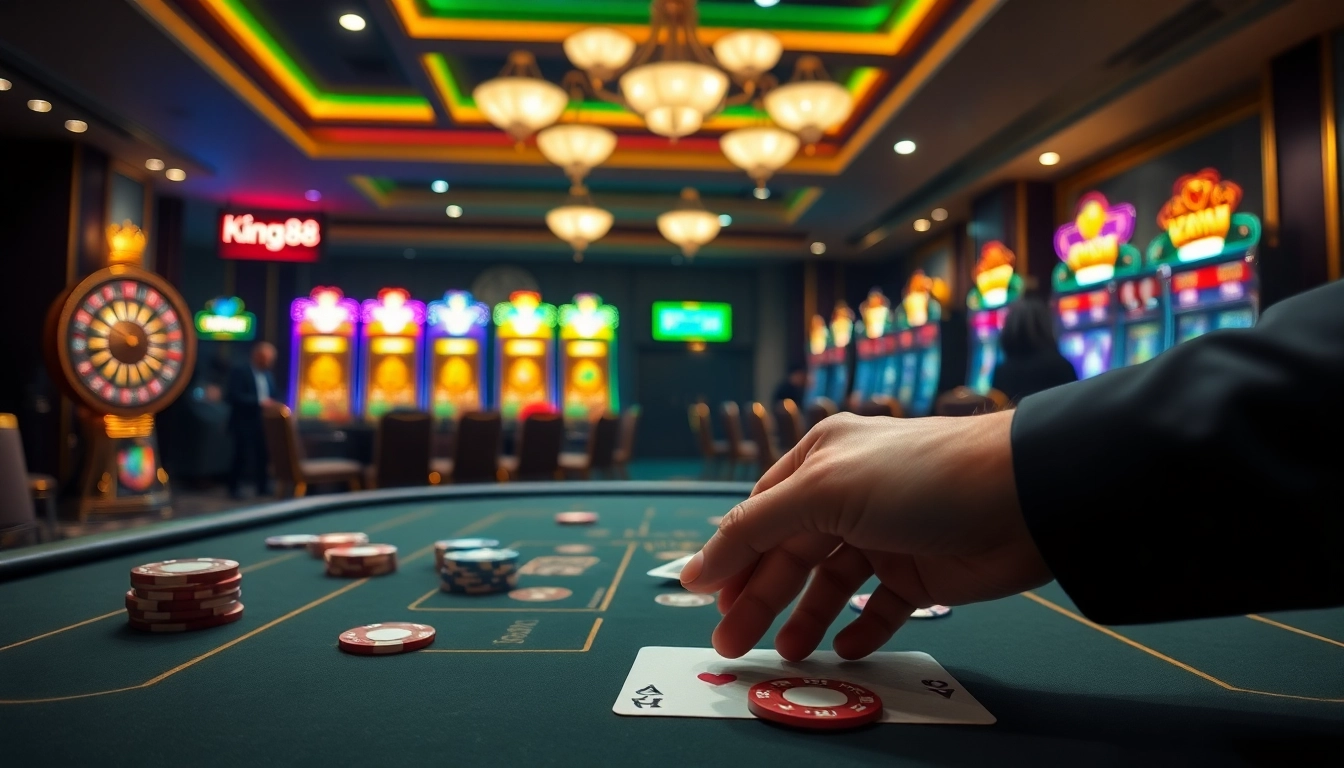 Engage in Đăng nhập King88 with a luxury casino scene showcasing poker tables and slot machines.