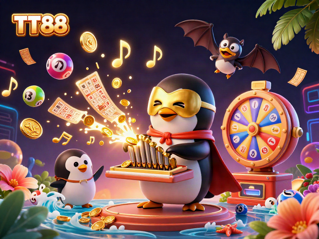 Experience the vibrant TT88 casino scene with a phantom penguin and animated lottery elements.